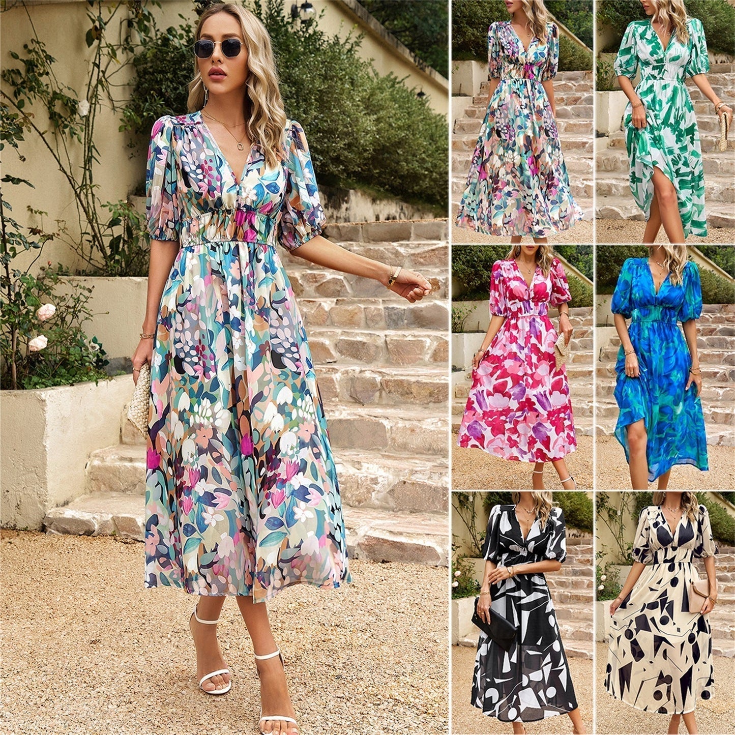Elegantes Kleid mit V-Ausschnitt und bedruckter Taille 【Kostenlose Lieferung】