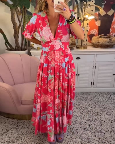 💃Gemütliches Maxikleid mit V-Ausschnitt und Taschen