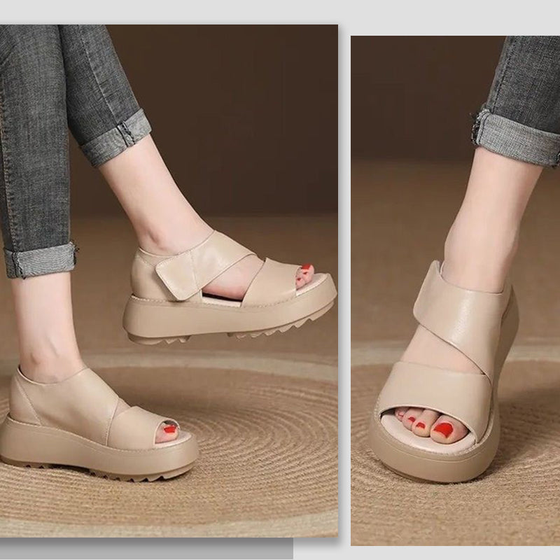 Damen-Retro-Sandalen mit dicker Sohle und Klettverschluss-Hergestellt aus hochwertigem Schweinsleder der ersten Schicht