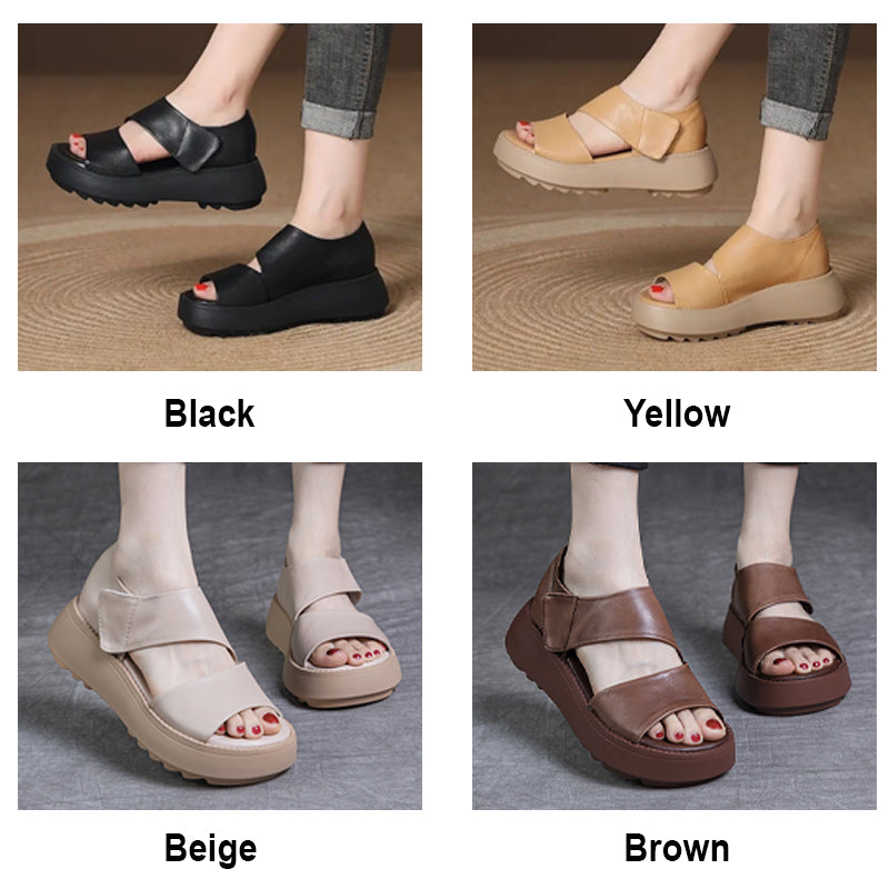 Damen-Retro-Sandalen mit dicker Sohle und Klettverschluss-Hergestellt aus hochwertigem Schweinsleder der ersten Schicht