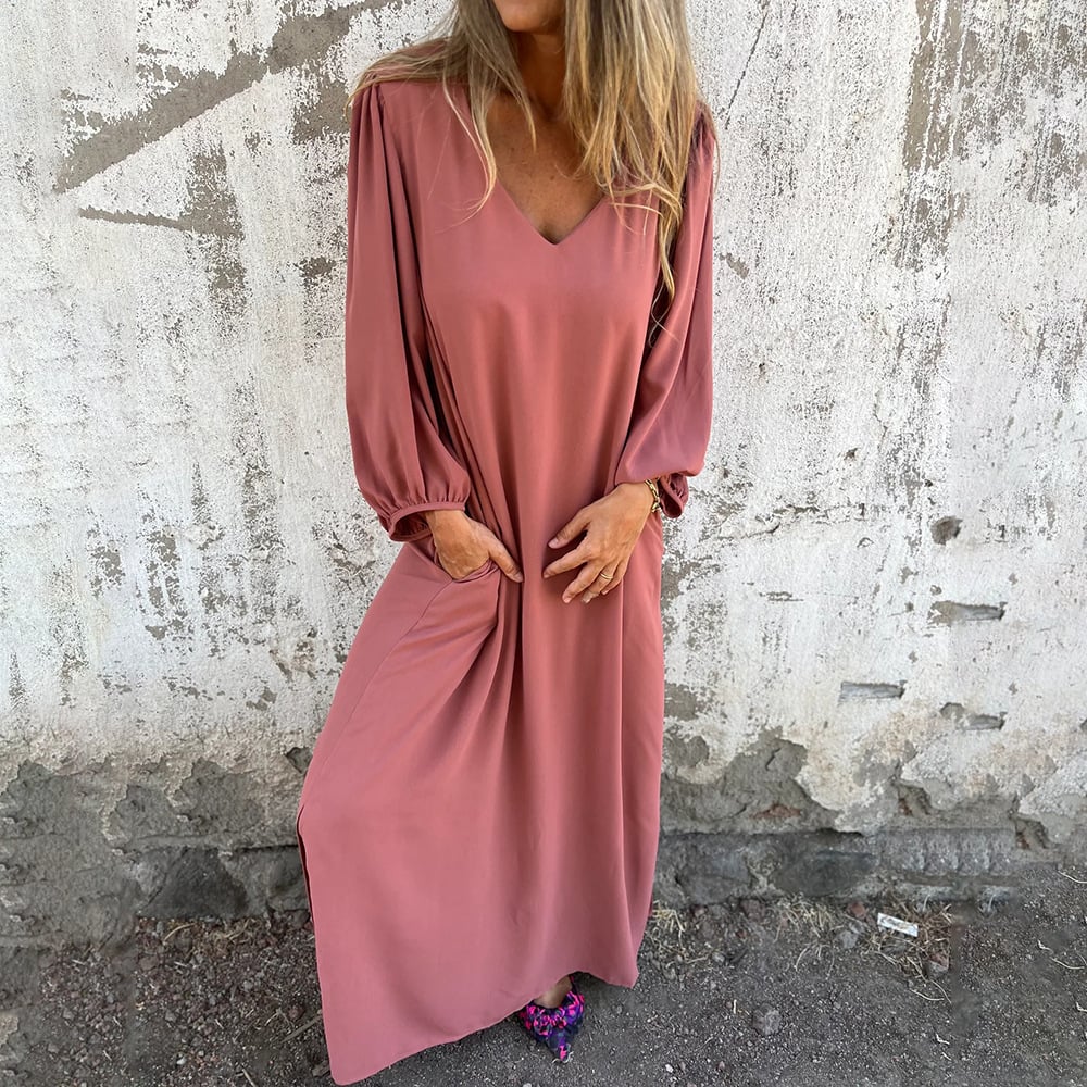🔥Ladenverkauf - 23€ Rabatt🔥V-Ausschnitt Volltonfarbe Laternenärmel Kleid