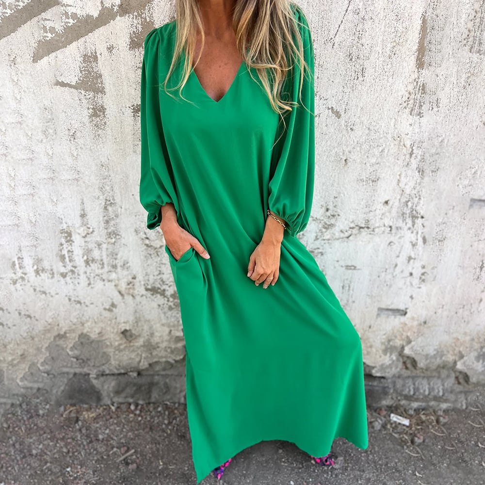 🔥Ladenverkauf - 23€ Rabatt🔥V-Ausschnitt Volltonfarbe Laternenärmel Kleid