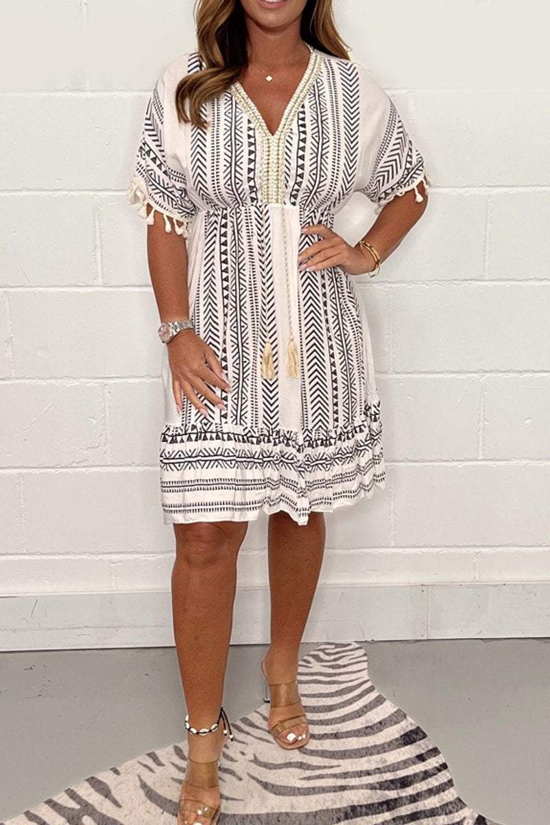 🏖️Willkommen im Sommer-49% Rabatt🏝️Lässig bedrucktes Kleid mit V-Ausschnitt