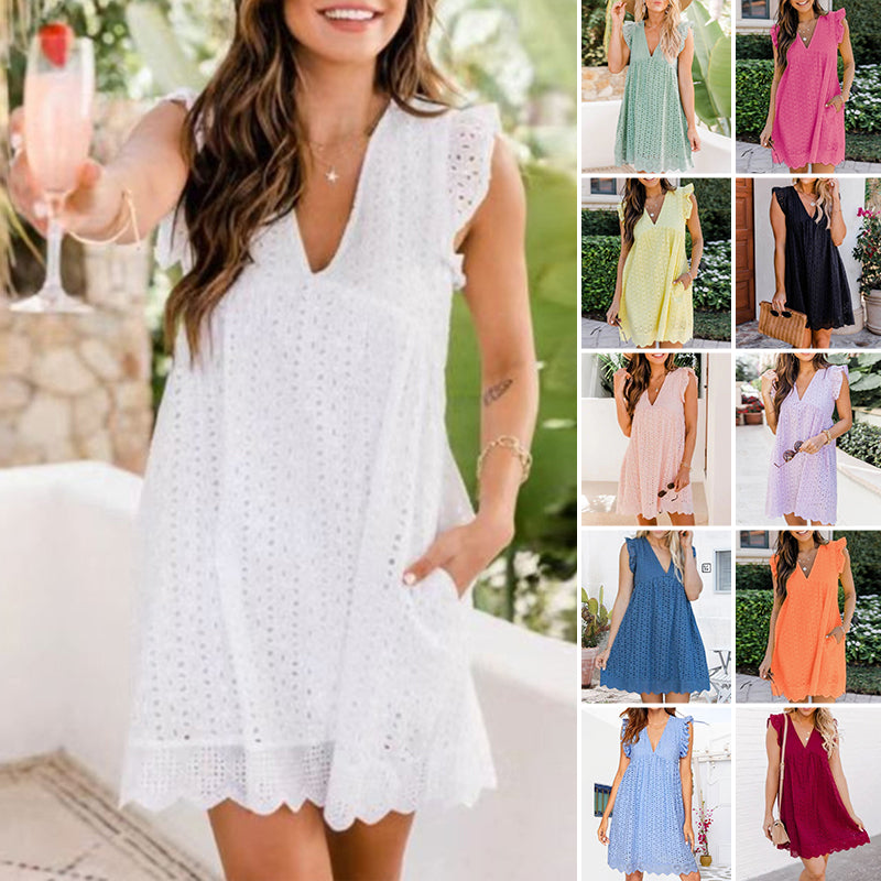 💖 Hot Sales 49% OFF 💖Sommer V-Ausschnitt kurzärmeliges hohles Spitzenkleid👗