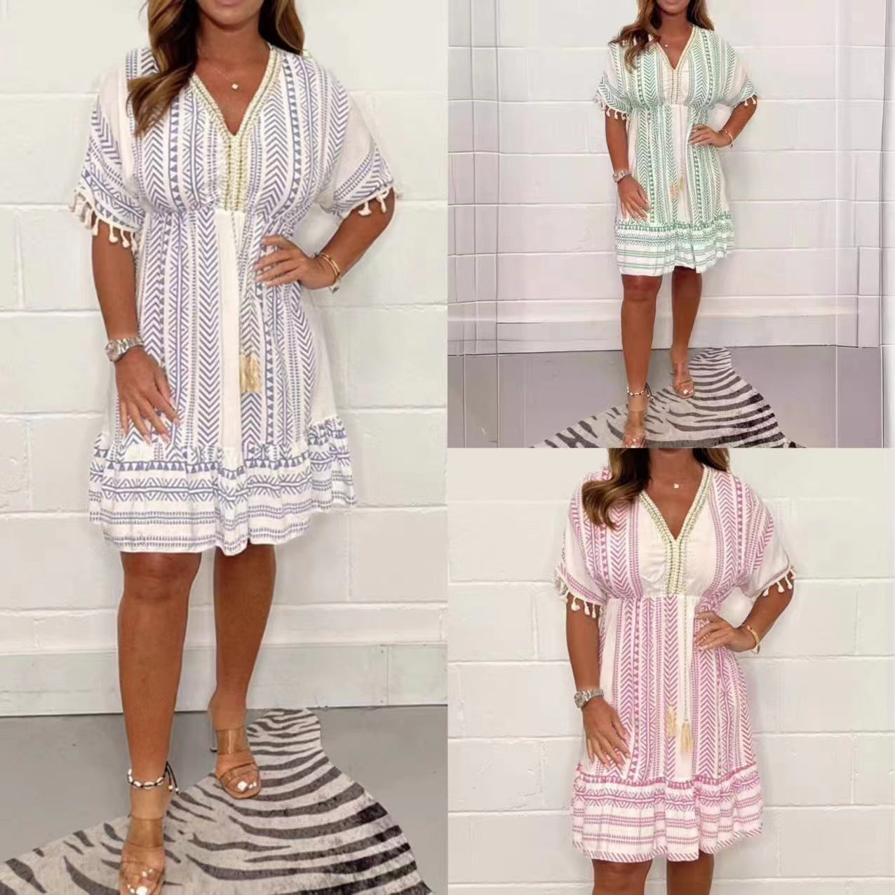 🏖️Willkommen im Sommer-49% Rabatt🏝️Lässig bedrucktes Kleid mit V-Ausschnitt