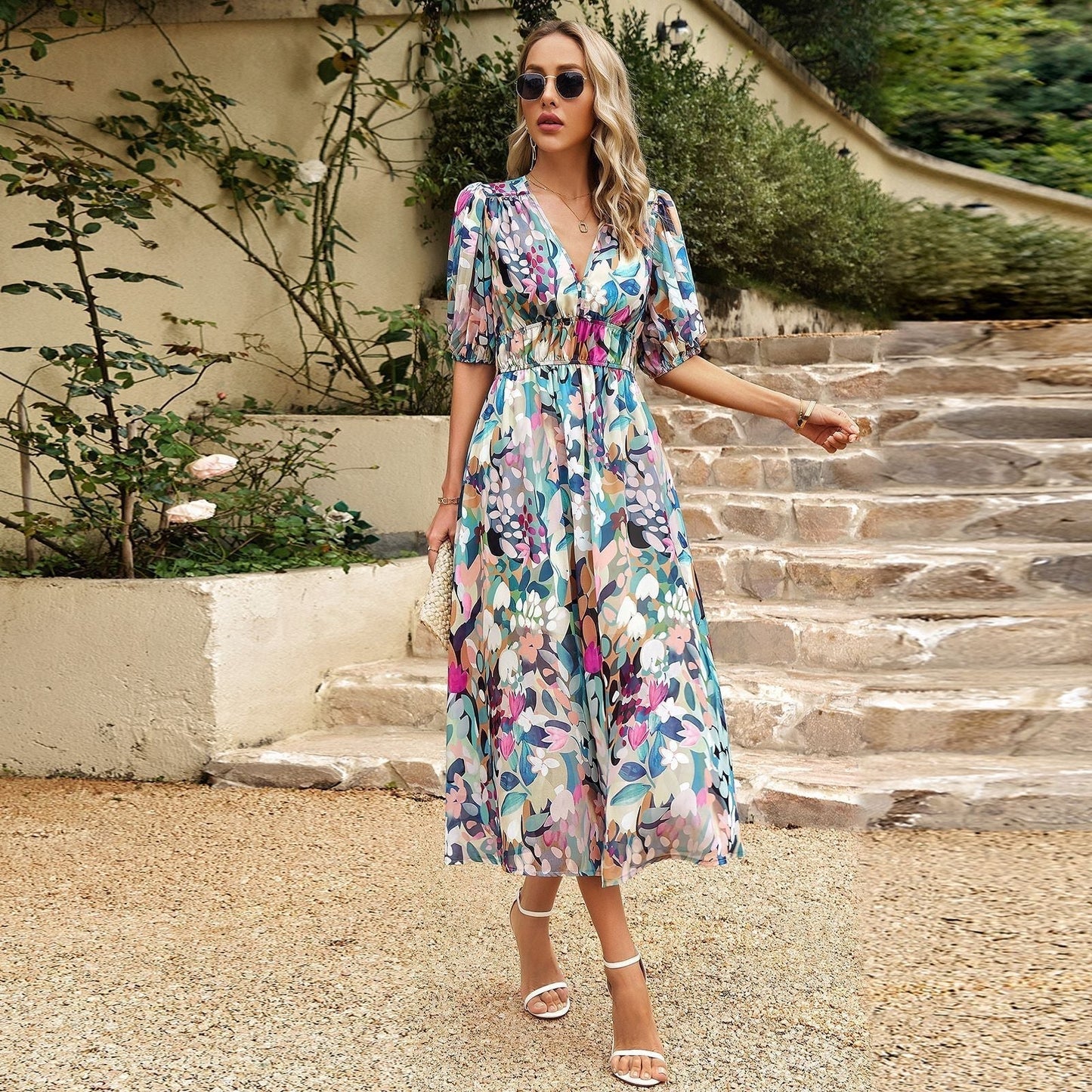 Elegantes Kleid mit V-Ausschnitt und bedruckter Taille 【Kostenlose Lieferung】