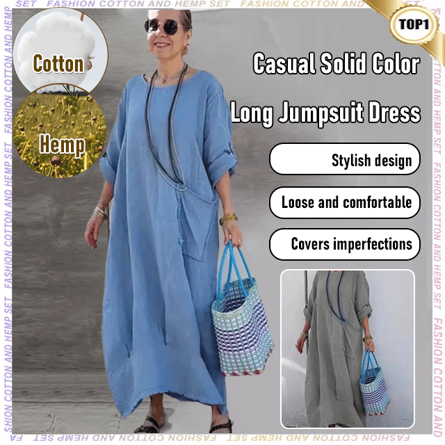 🔥 Frühling 2025 Verkauf - 49% off✨Baumwolle Leinen Casual Solide Farbe Taschen Rundhalsausschnitt Lang Jumpsuit