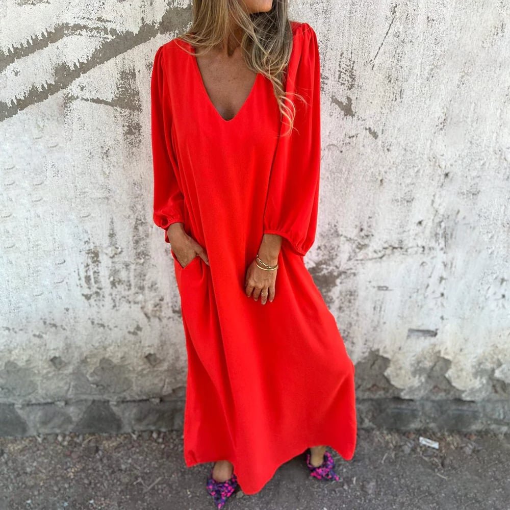 🔥Ladenverkauf - 23€ Rabatt🔥V-Ausschnitt Volltonfarbe Laternenärmel Kleid