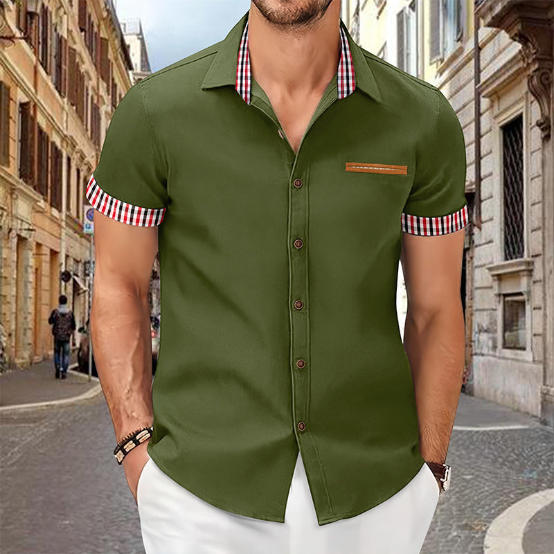 đ„JubilĂ€umsshop Feier - 50% Rabattđ„KurzĂ€rmeliges Herrenhemd mit kariertem Aufschlag im Vintage-Stil