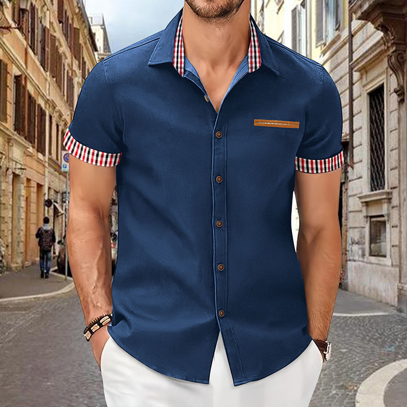 đ„JubilĂ€umsshop Feier - 50% Rabattđ„KurzĂ€rmeliges Herrenhemd mit kariertem Aufschlag im Vintage-Stil