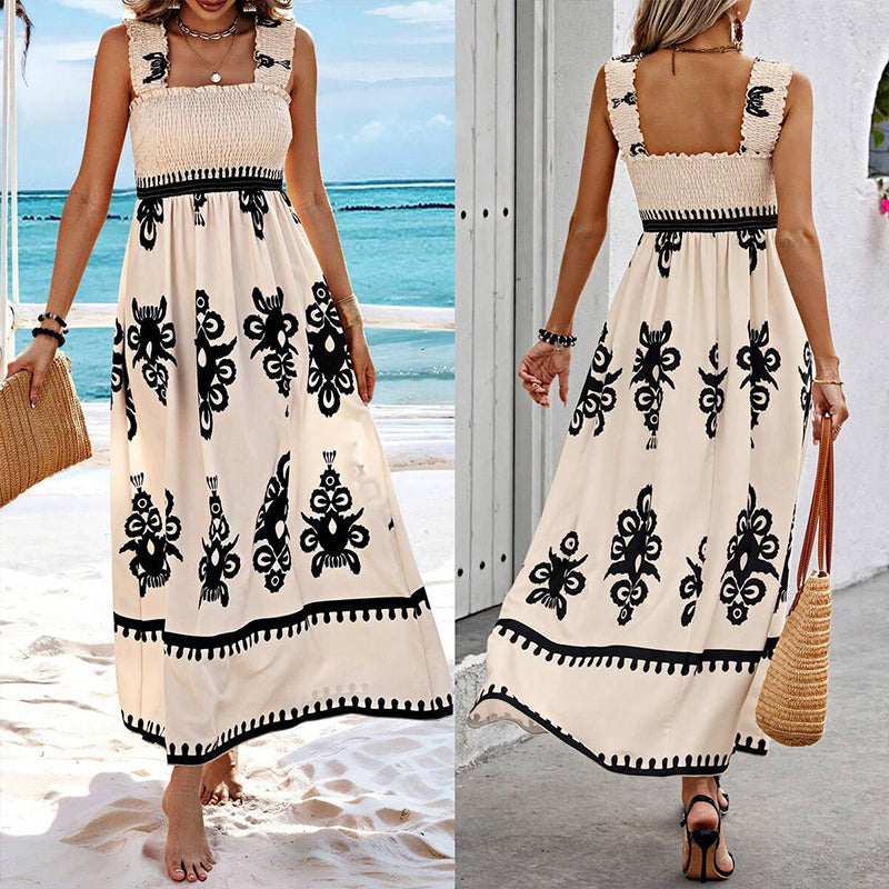 Damen Sommer Print Ärmelloses Fließendes Langes Kleid