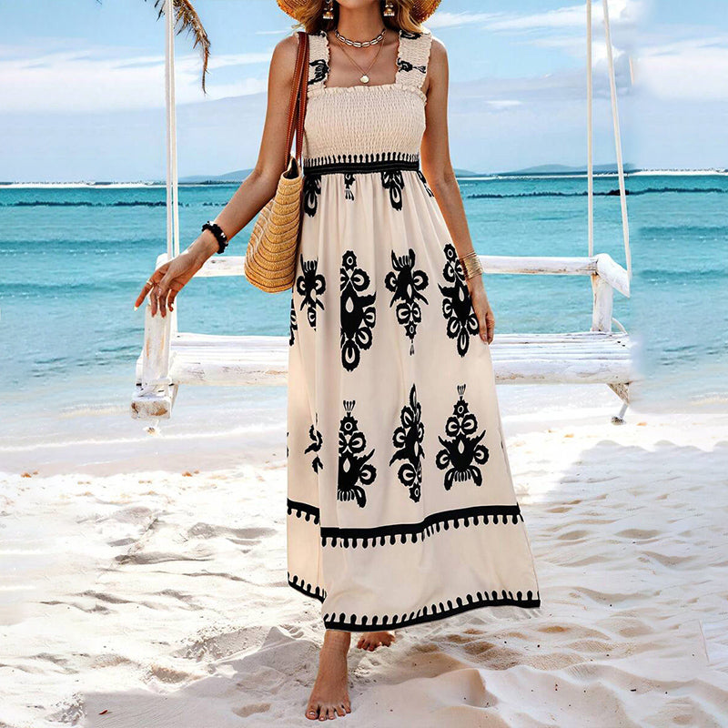 Damen Sommer Print Ärmelloses Fließendes Langes Kleid