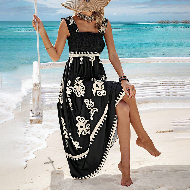 Damen Sommer Print Ärmelloses Fließendes Langes Kleid
