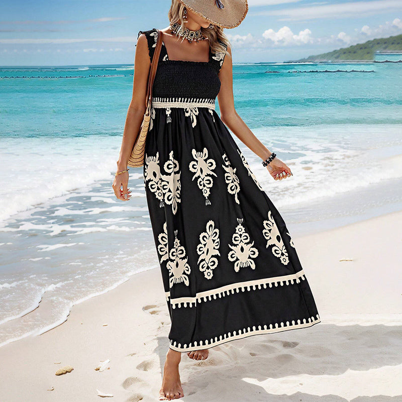 Damen Sommer Print Ärmelloses Fließendes Langes Kleid