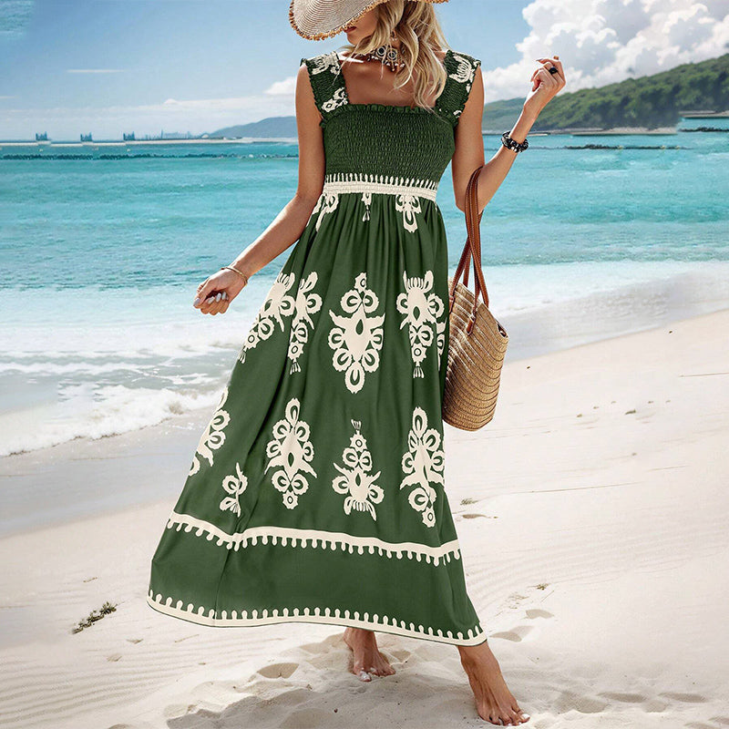 Damen Sommer Print Ärmelloses Fließendes Langes Kleid