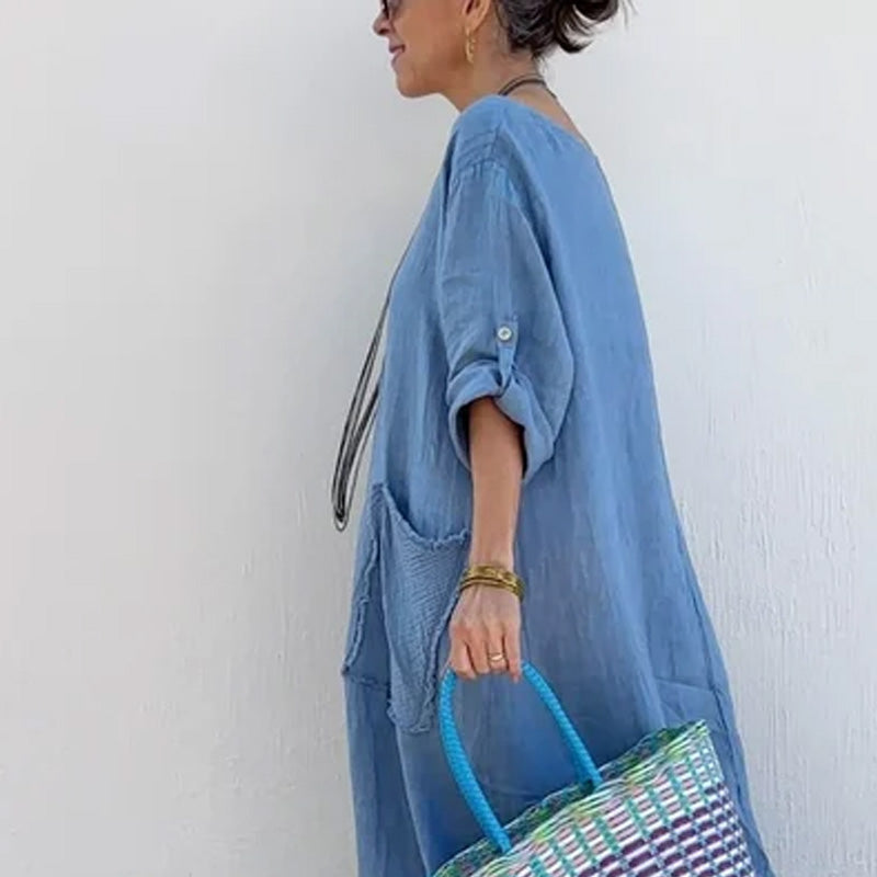 🔥 Frühling 2025 Verkauf - 49% off✨Baumwolle Leinen Casual Solide Farbe Taschen Rundhalsausschnitt Lang Jumpsuit