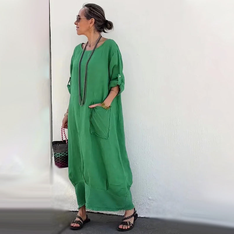 🔥 Frühling 2025 Verkauf - 49% off✨Baumwolle Leinen Casual Solide Farbe Taschen Rundhalsausschnitt Lang Jumpsuit