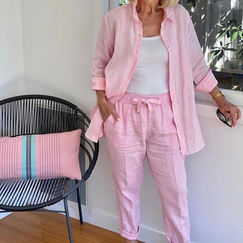 💐2025 Neue Produkte Verkauf - 49% Rabatt🔥✈️Set aus langärmliger Bluse und Hose aus Baumwollleinen für Damen🔥