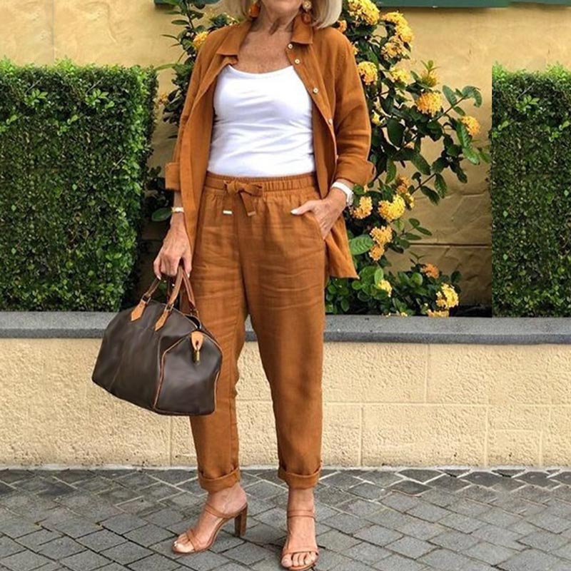 💐2025 Neue Produkte Verkauf - 49% Rabatt🔥✈️Set aus langärmliger Bluse und Hose aus Baumwollleinen für Damen🔥
