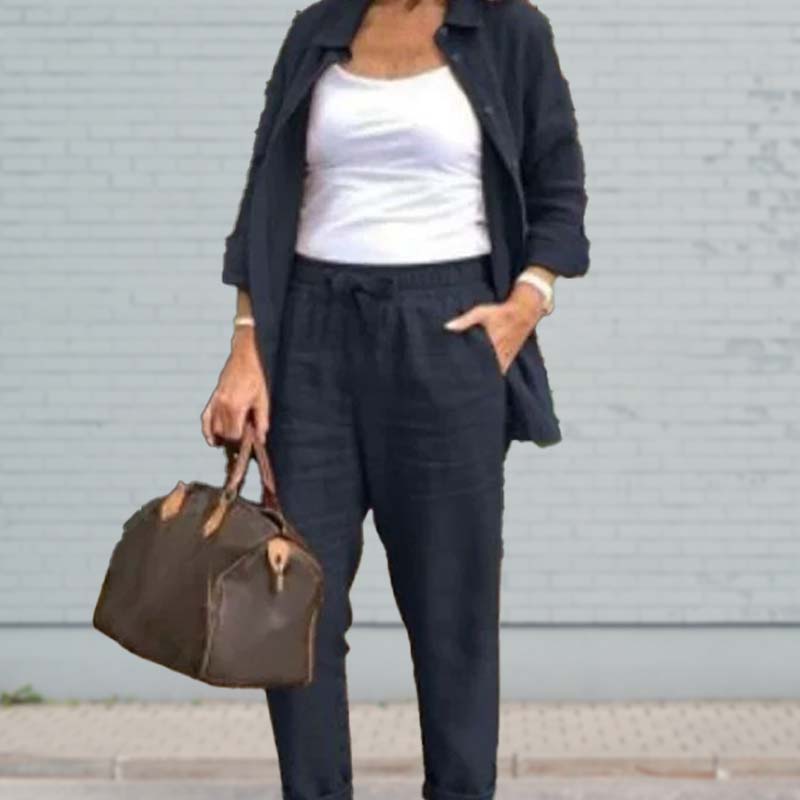💐2025 Neue Produkte Verkauf - 49% Rabatt🔥✈️Set aus langärmliger Bluse und Hose aus Baumwollleinen für Damen🔥