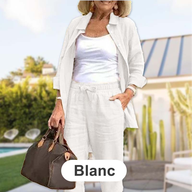💐2025 Neue Produkte Verkauf - 49% Rabatt🔥✈️Set aus langärmliger Bluse und Hose aus Baumwollleinen für Damen🔥