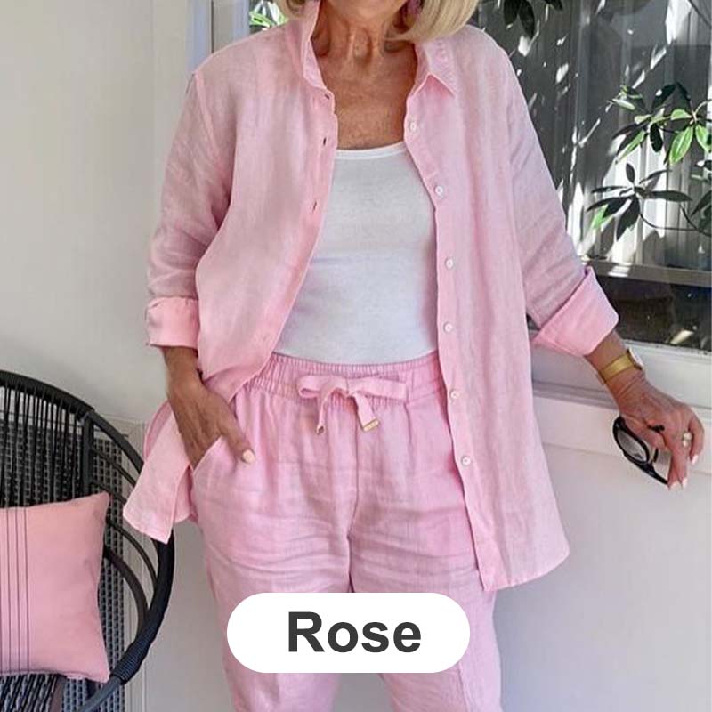 💐2025 Neue Produkte Verkauf - 49% Rabatt🔥✈️Set aus langärmliger Bluse und Hose aus Baumwollleinen für Damen🔥