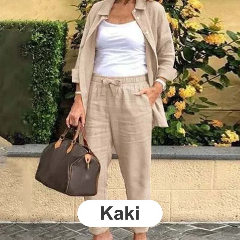 💐2025 Neue Produkte Verkauf - 49% Rabatt🔥✈️Set aus langärmliger Bluse und Hose aus Baumwollleinen für Damen🔥