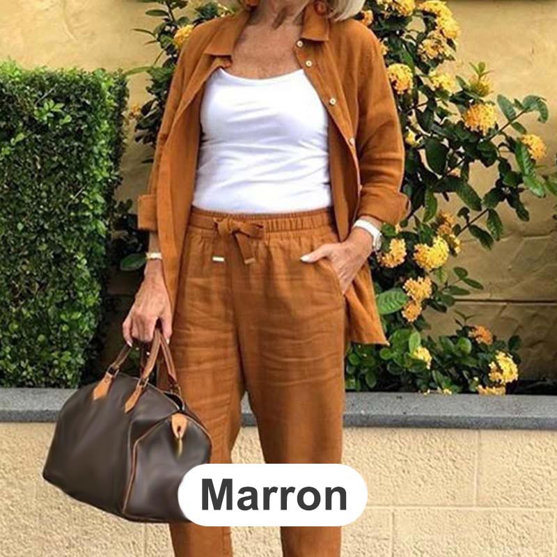 💐2025 Neue Produkte Verkauf - 49% Rabatt🔥✈️Set aus langärmliger Bluse und Hose aus Baumwollleinen für Damen🔥