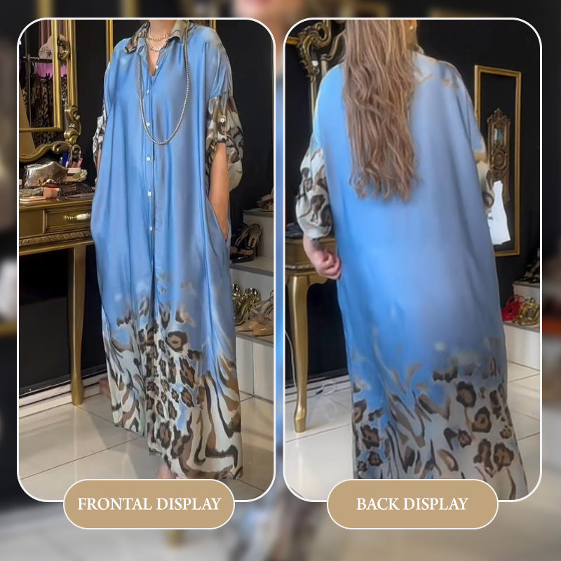 🔥Black Friday Sale - Kostenloser Versand 🔥- Bedrucktes Maxikleid mit langen Ärmeln und Revers für Damen