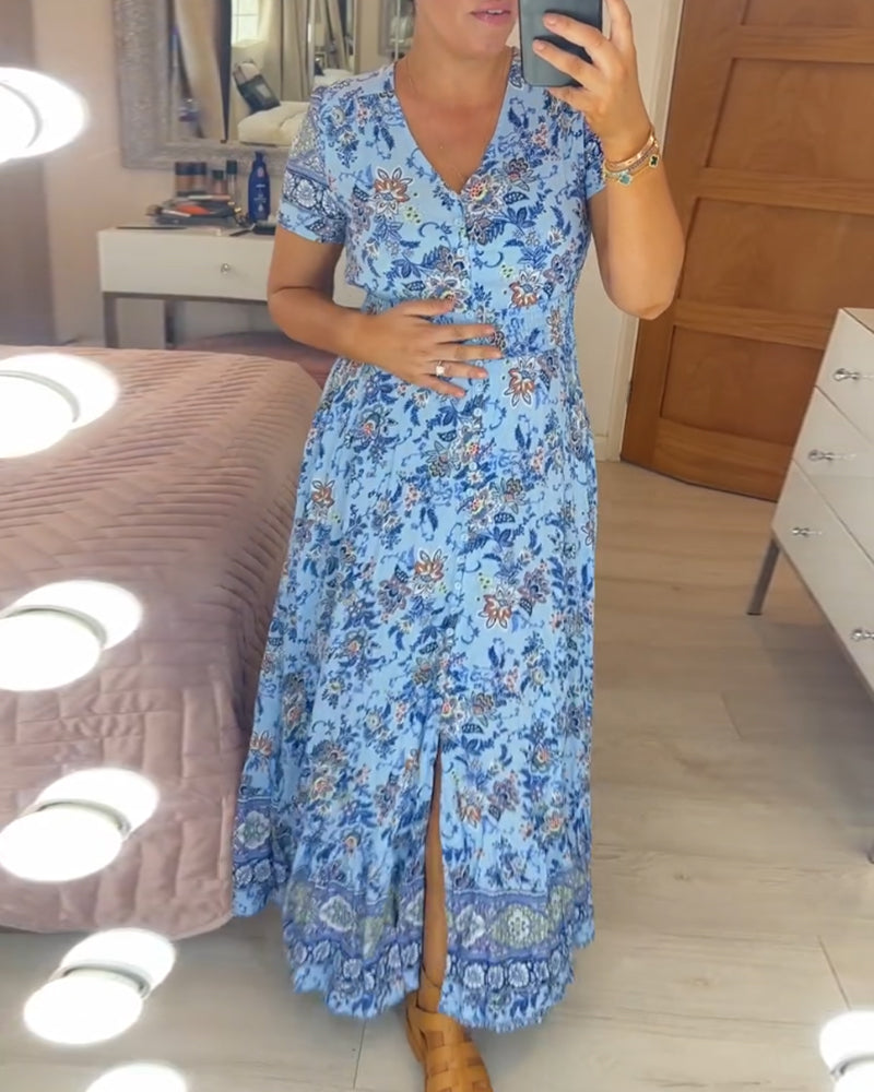 (🔥Heißer Verkauf - 48% Rabatt🔥) Blumenmuster V-Ausschnitt Kleid