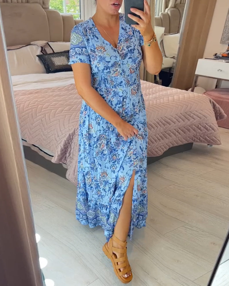 (🔥Heißer Verkauf - 48% Rabatt🔥) Blumenmuster V-Ausschnitt Kleid