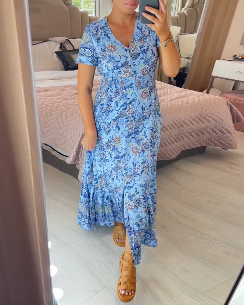 (🔥Heißer Verkauf - 48% Rabatt🔥) Blumenmuster V-Ausschnitt Kleid