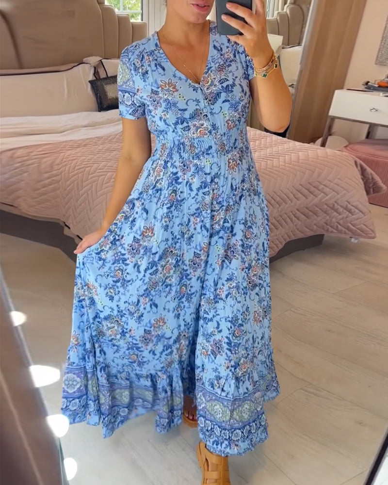 (🔥Heißer Verkauf - 48% Rabatt🔥) Blumenmuster V-Ausschnitt Kleid