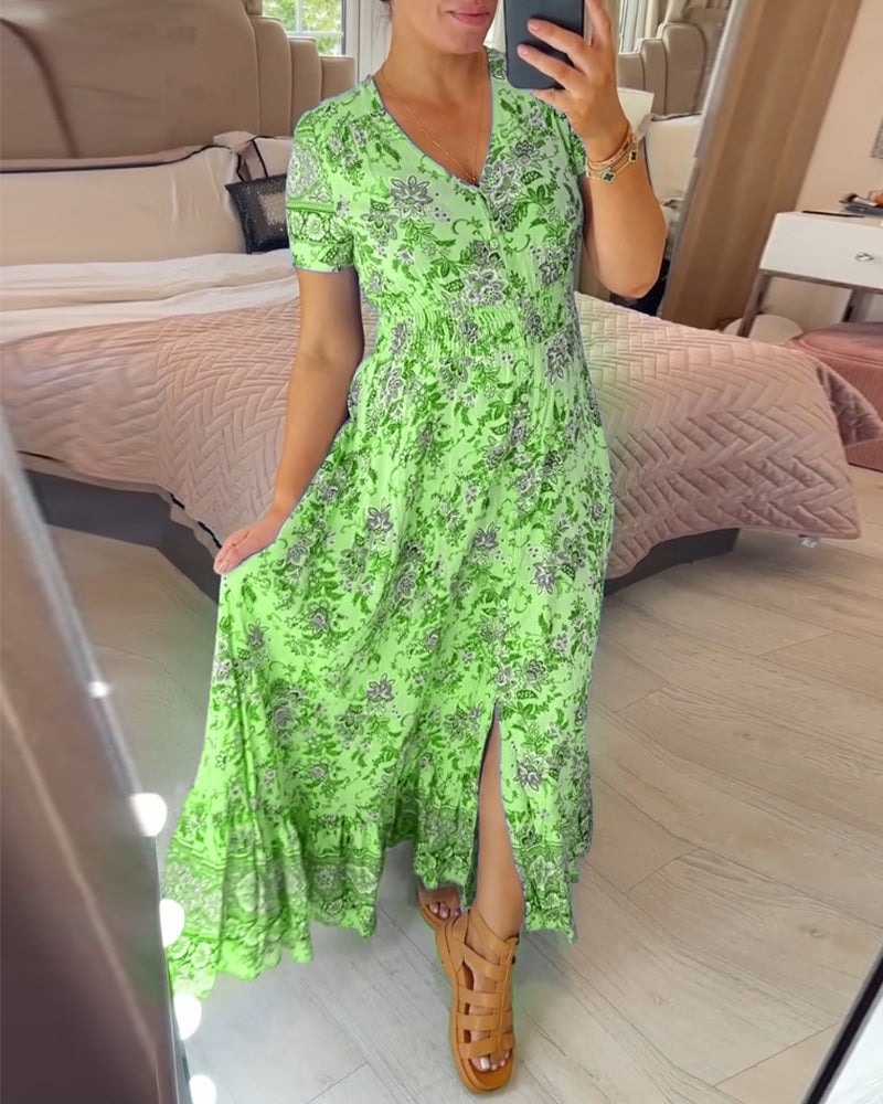(🔥Heißer Verkauf - 48% Rabatt🔥) Blumenmuster V-Ausschnitt Kleid