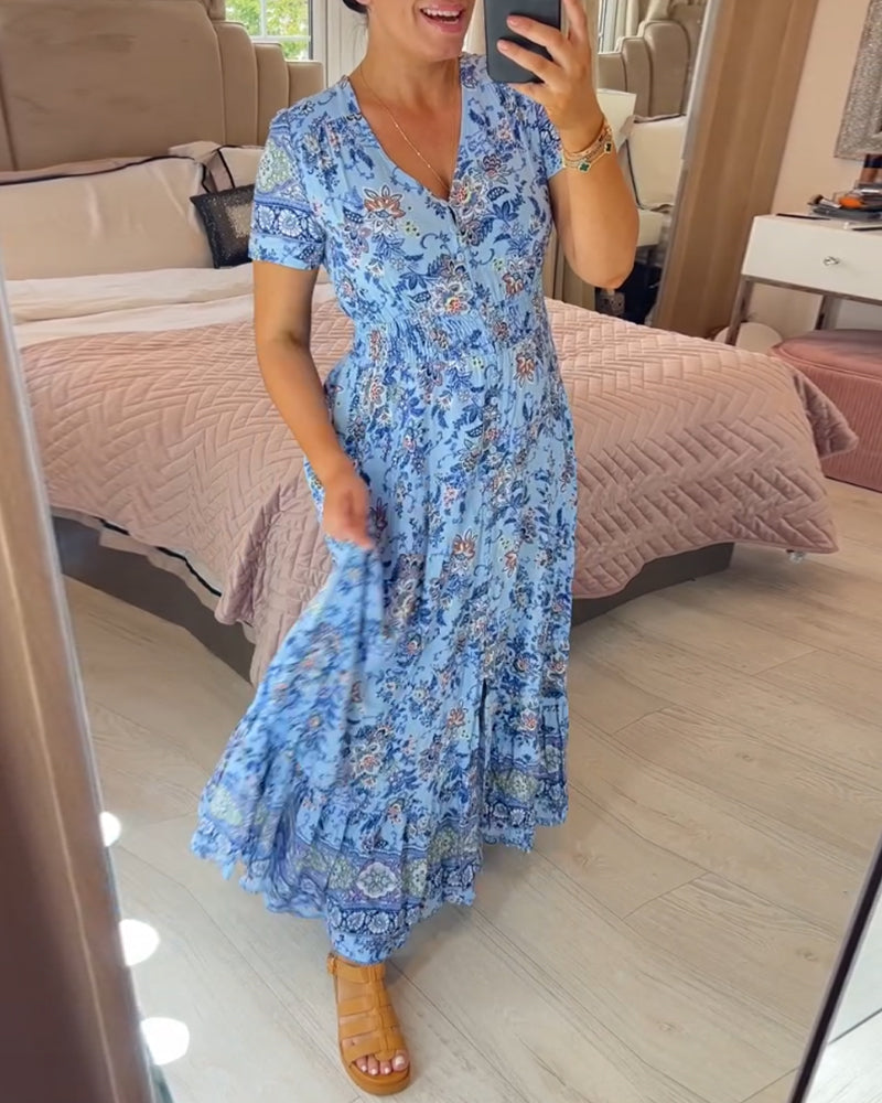 (🔥Heißer Verkauf - 48% Rabatt🔥) Blumenmuster V-Ausschnitt Kleid