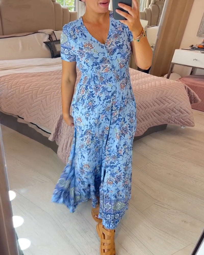 (🔥Heißer Verkauf - 48% Rabatt🔥) Blumenmuster V-Ausschnitt Kleid