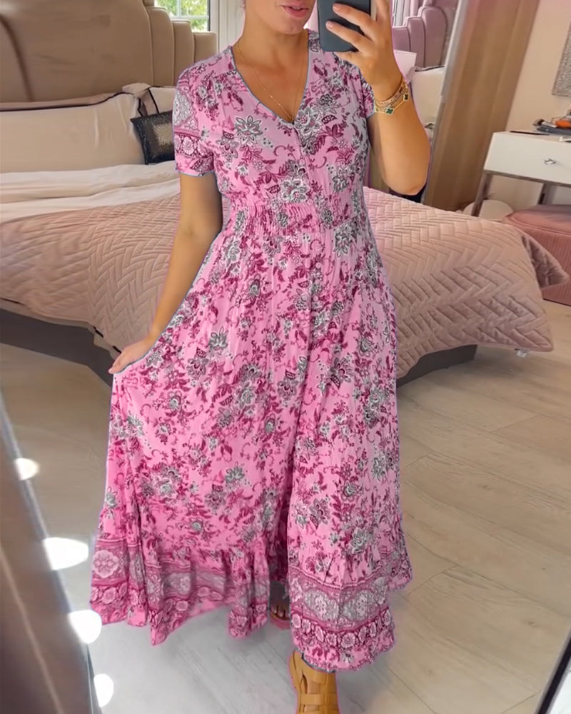 (🔥Heißer Verkauf - 48% Rabatt🔥) Blumenmuster V-Ausschnitt Kleid