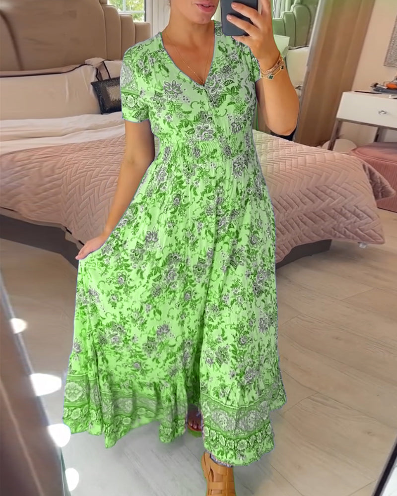 (🔥Heißer Verkauf - 48% Rabatt🔥) Blumenmuster V-Ausschnitt Kleid