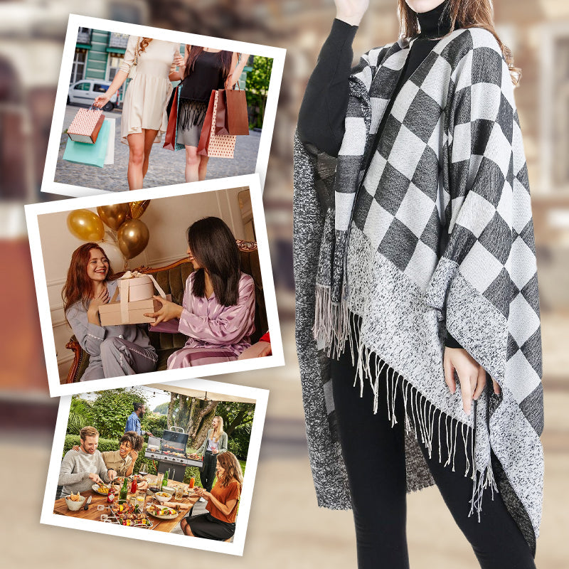 Eleganter Poncho mit Fransen und Schal für Frauen