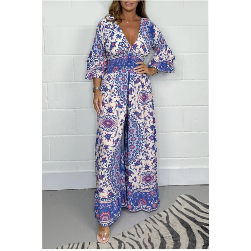 Bedruckter Jumpsuit mit V-Ausschnitt für Frauen