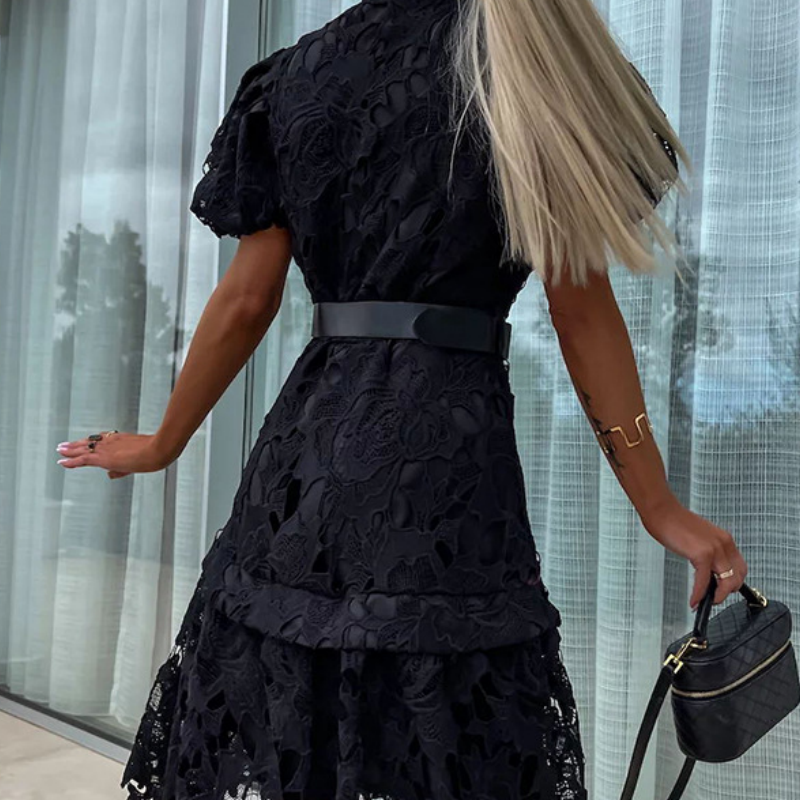 Damen Retro Kurzarmkleid mit ausgehöhlter Spitze