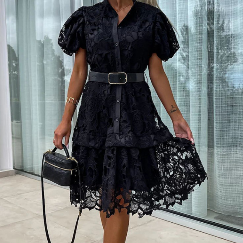 Damen Retro Kurzarmkleid mit ausgehöhlter Spitze