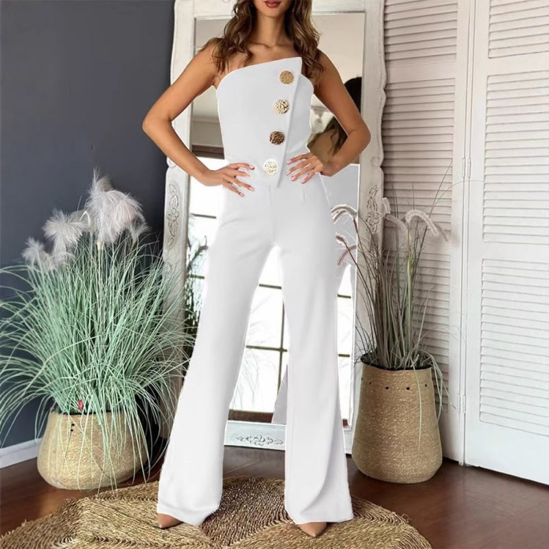 🔥Solide Farbe Sexy Tube Top Gold Knopf verschönert Bootcut Jumpsuit