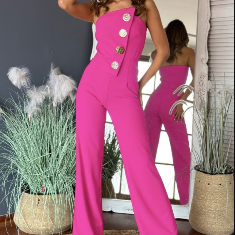 🔥Solide Farbe Sexy Tube Top Gold Knopf verschönert Bootcut Jumpsuit