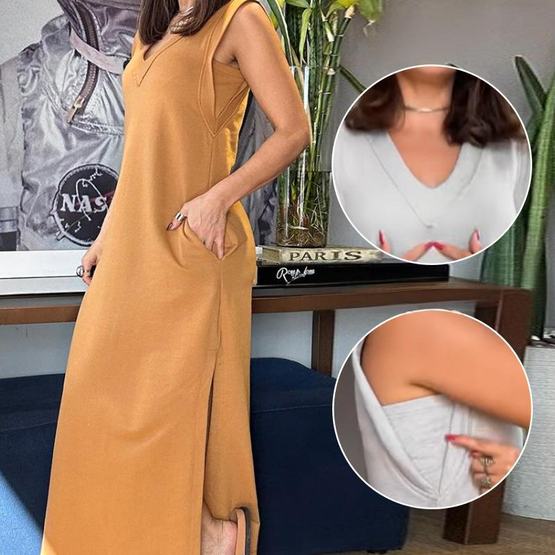 Ärmelloses Maxikleid für Damen mit V-Ausschnitt und Schlitz