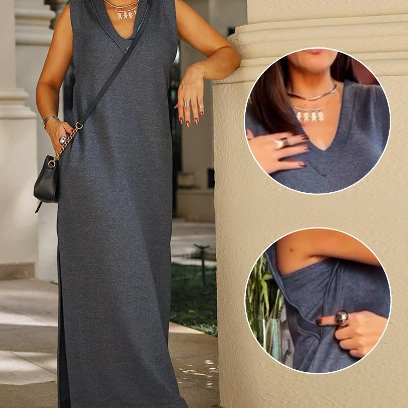 Ärmelloses Maxikleid für Damen mit V-Ausschnitt und Schlitz