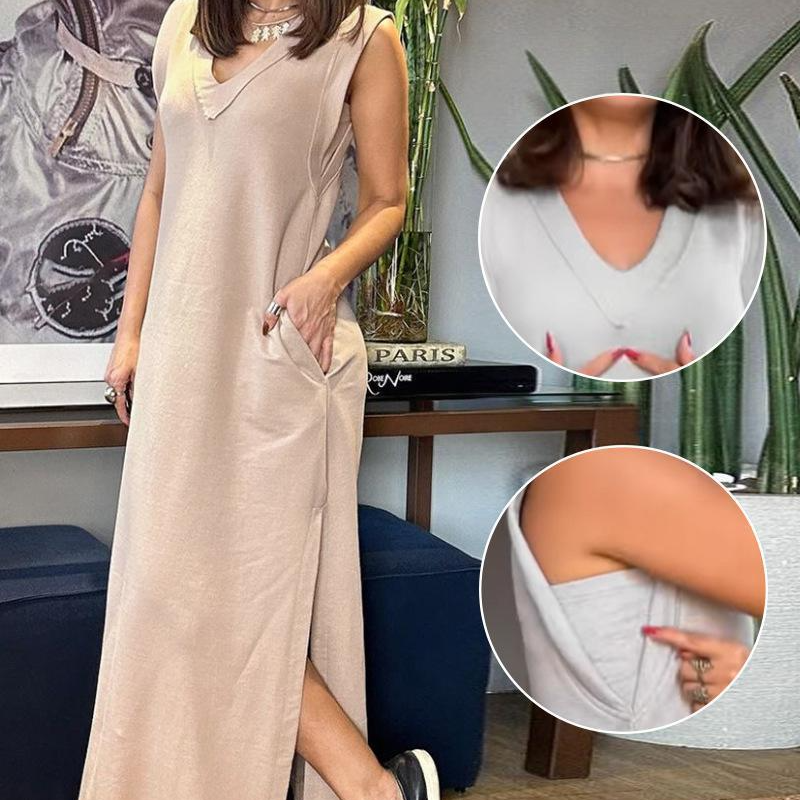 Ärmelloses Maxikleid für Damen mit V-Ausschnitt und Schlitz