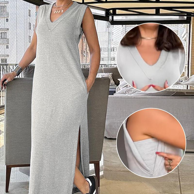Ärmelloses Maxikleid für Damen mit V-Ausschnitt und Schlitz