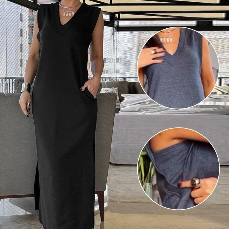 Ärmelloses Maxikleid für Damen mit V-Ausschnitt und Schlitz
