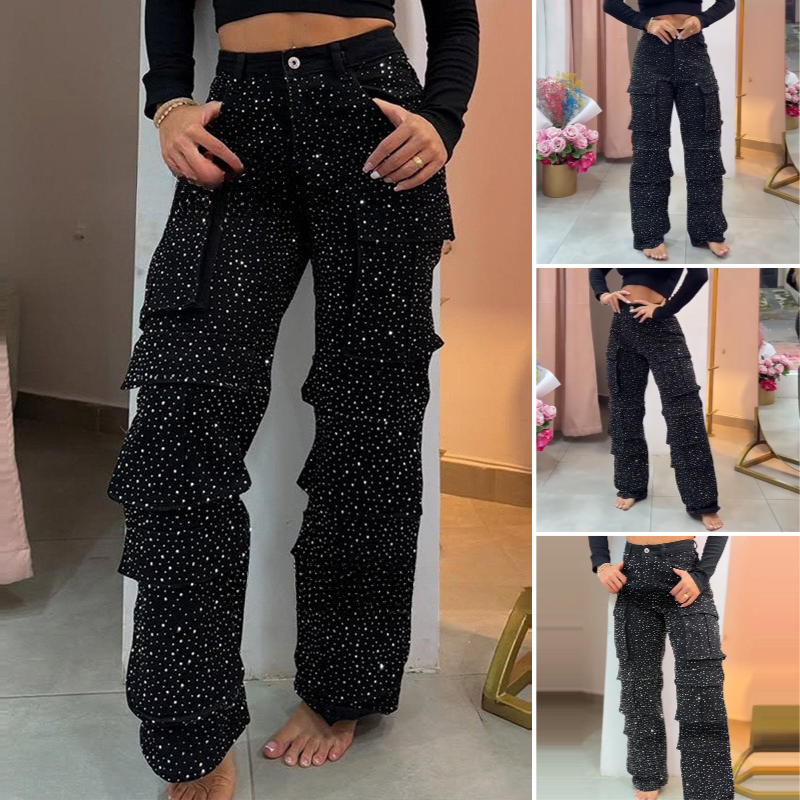 đ„Weite Hose mit Strasssteinen und Taschen fĂŒr Damen